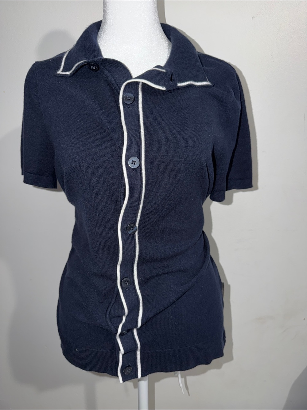 French Connection Navy Short-Sleeve Knit Polo with White Trim - Picture 1 of 5